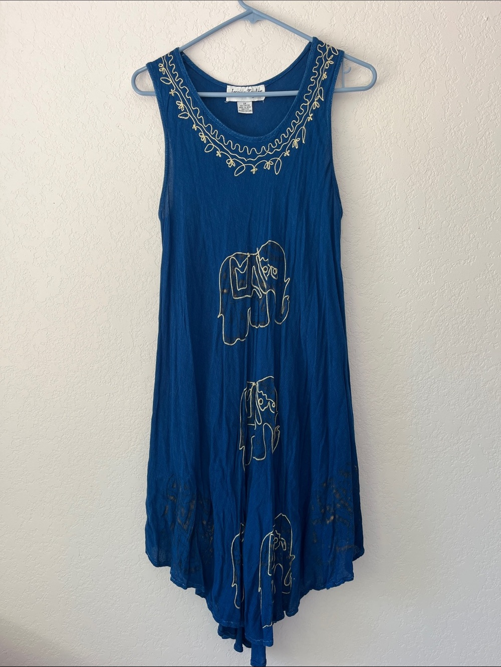 Boho Blue Elephant Embroidered Sleeveless Casual Dress